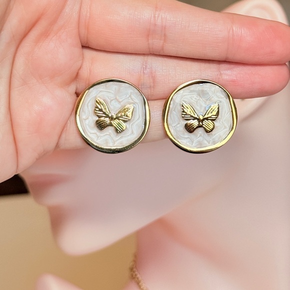 Gold and White Butterfly Earrings - Picture 9 of 10